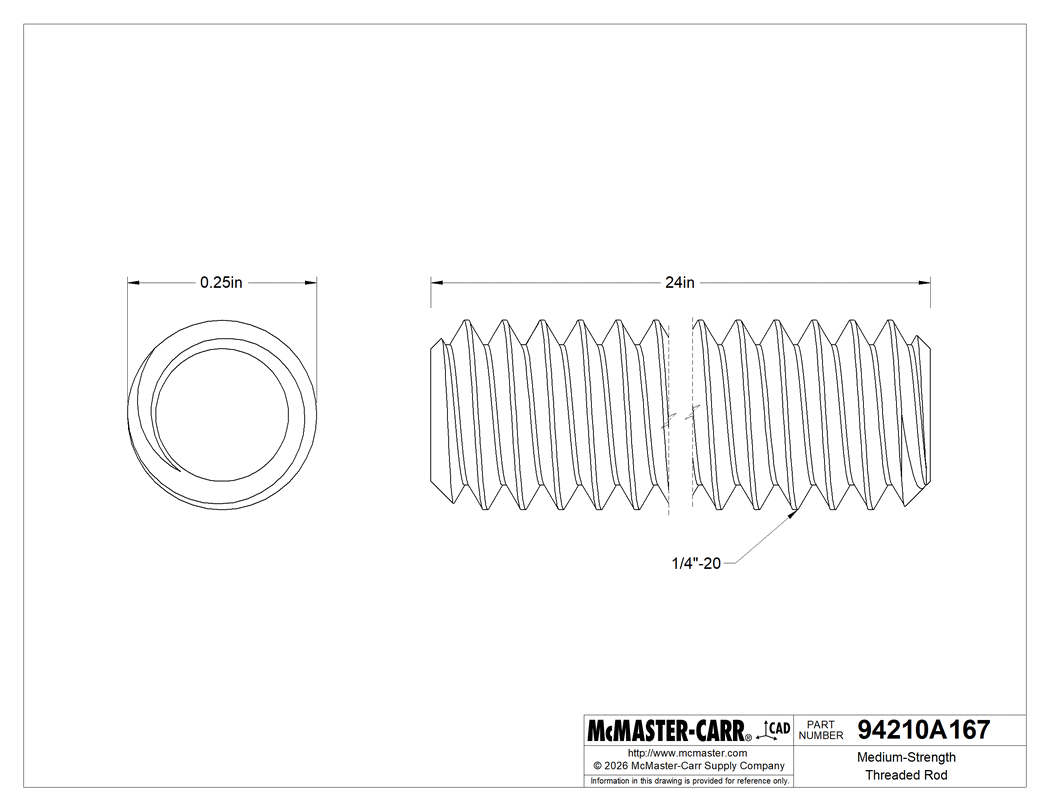 Technical Drawing of Medium-Strength Threaded Rod, Black-Oxide Grade B7 Steel, 1/4"-20 Thread Size, 2 Feet Long.